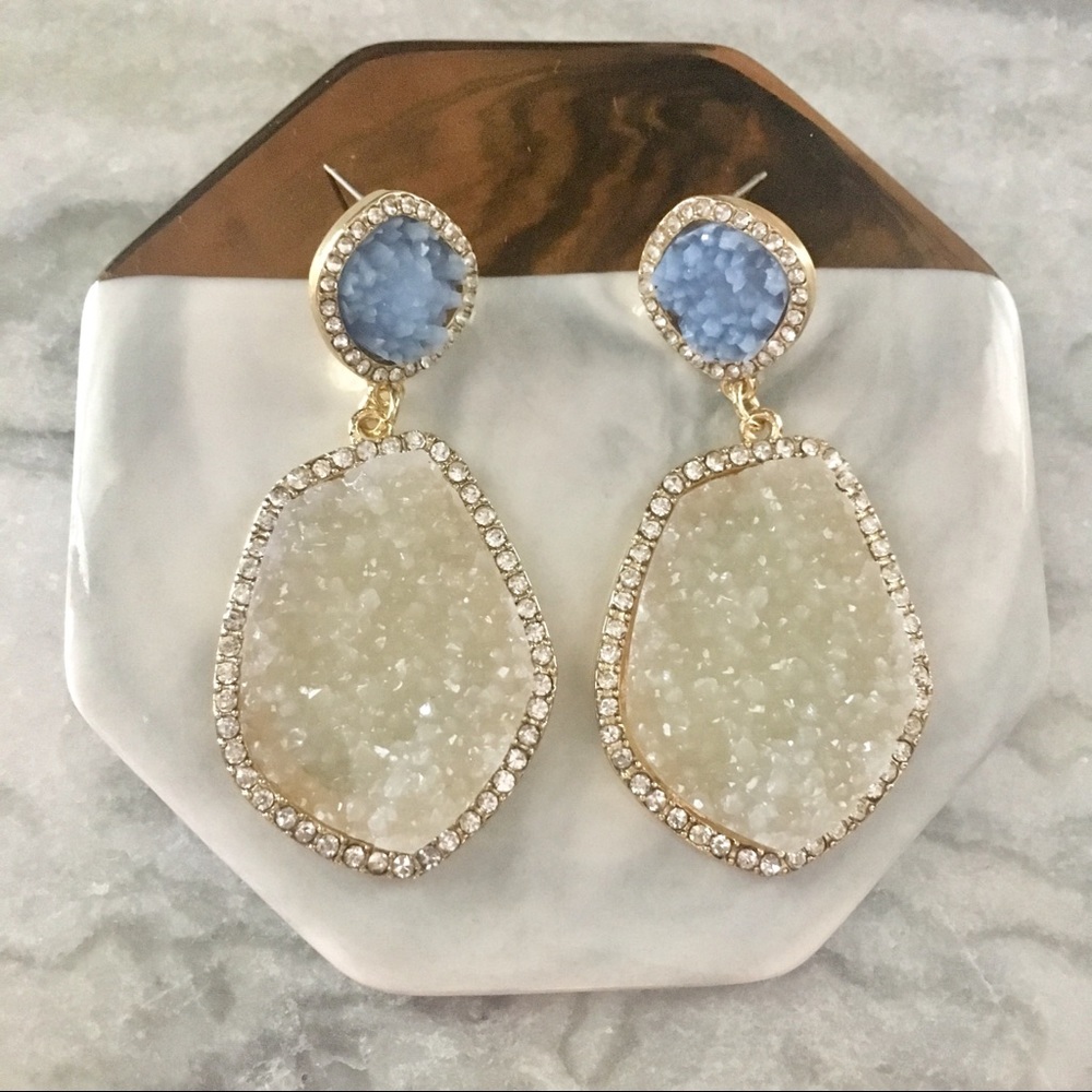 Elegant Cluster Two Tone Druzy Baby Blue Earrings - Picture 2 of 7